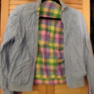 Vntg reversible spring jacket chambray / plaid M 8 10 blue yellow pink green